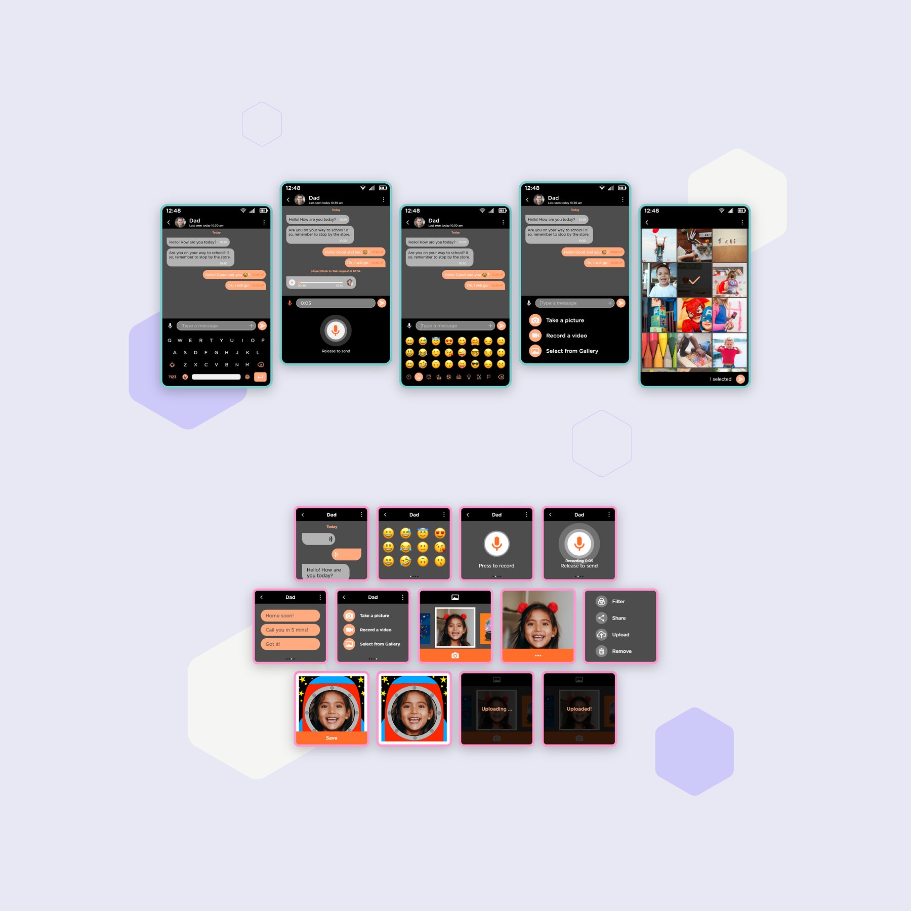 Messaging, voice note, emoji, photo, and camera sharing interfaces